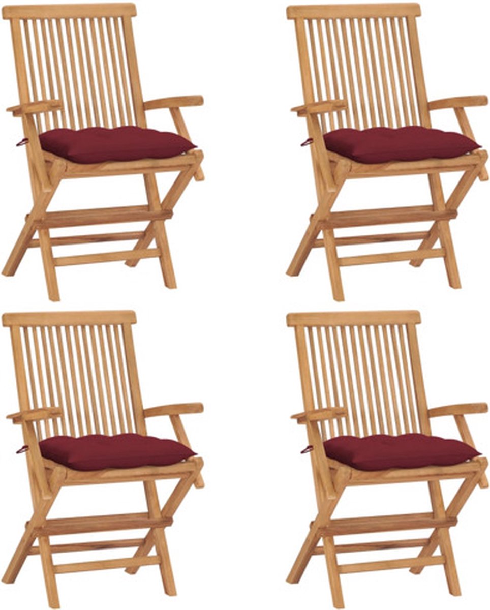 vidaXL - Tuinstoelen - 4 - st - met - wijnrode - kussens - massief - teakhout
