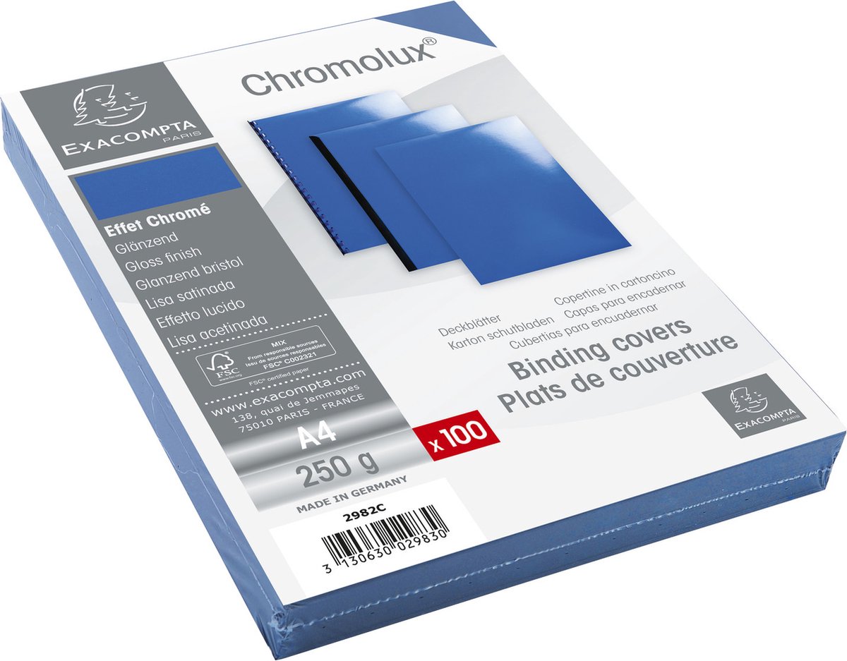 Chromolux� Pak van 100 inbindkaften 250g/m2 voor A4 bindrug - Blauw