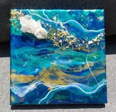 Bergkristal Origineel handgeschilderd geode epoxy schilderij - Oceaan 20 x 20 cm - Schilderijen op canvas -Muurdecoratie woonkamer - Geode Kunst