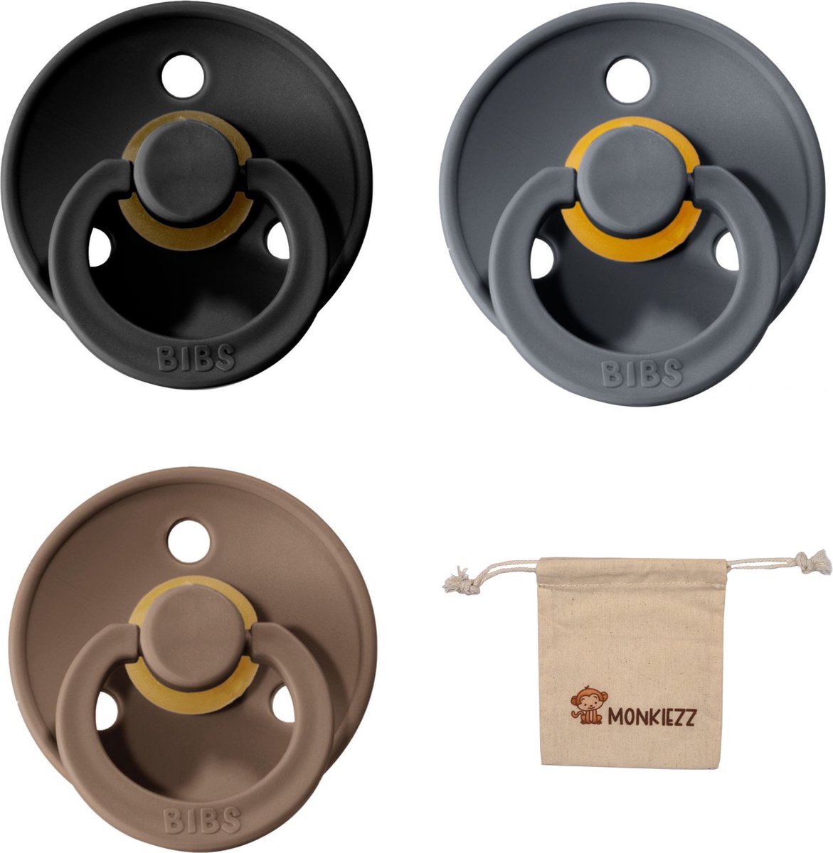 Goedkoopste Bibs fopspenen maat 2 6-18 maanden| Set 3 stuks| Dark oak, iron, Black Monkiezz speenzakje