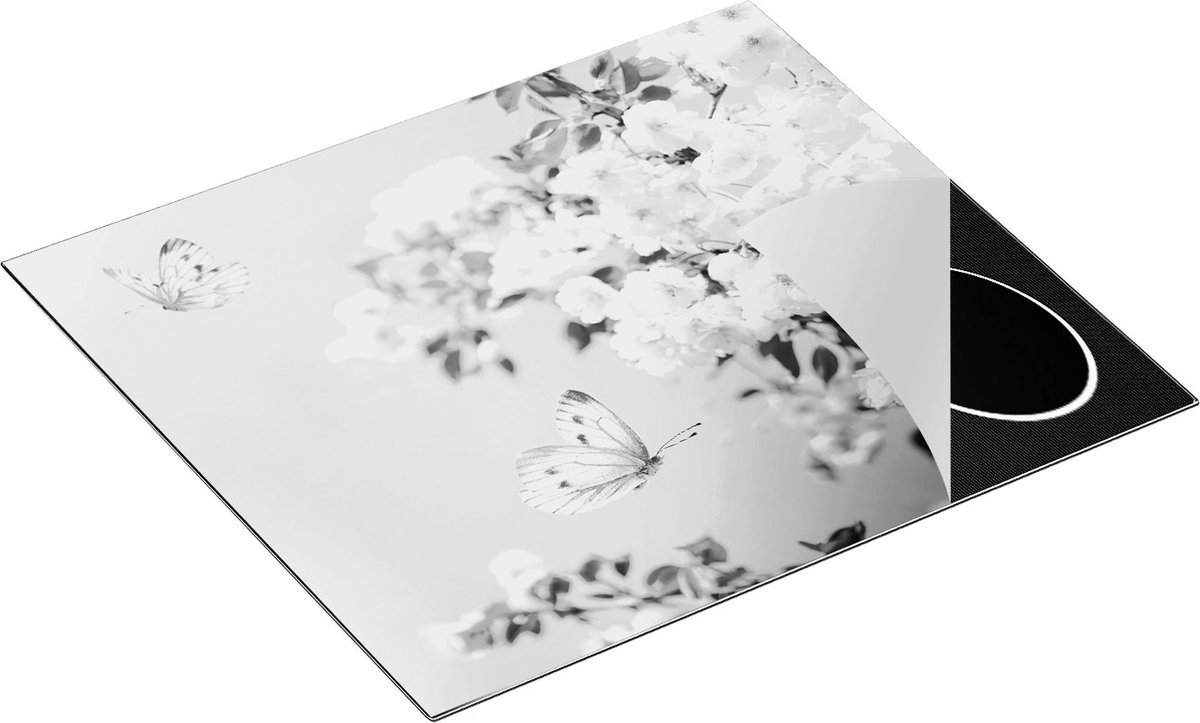Chefcare Inductie Beschermer Twee Roze Vlinders bij Roze Bloesem Bloemen - Zwart Wit - 59x51 cm - Afdekplaat Inductie - Kookplaat Beschermer - Inductie Mat