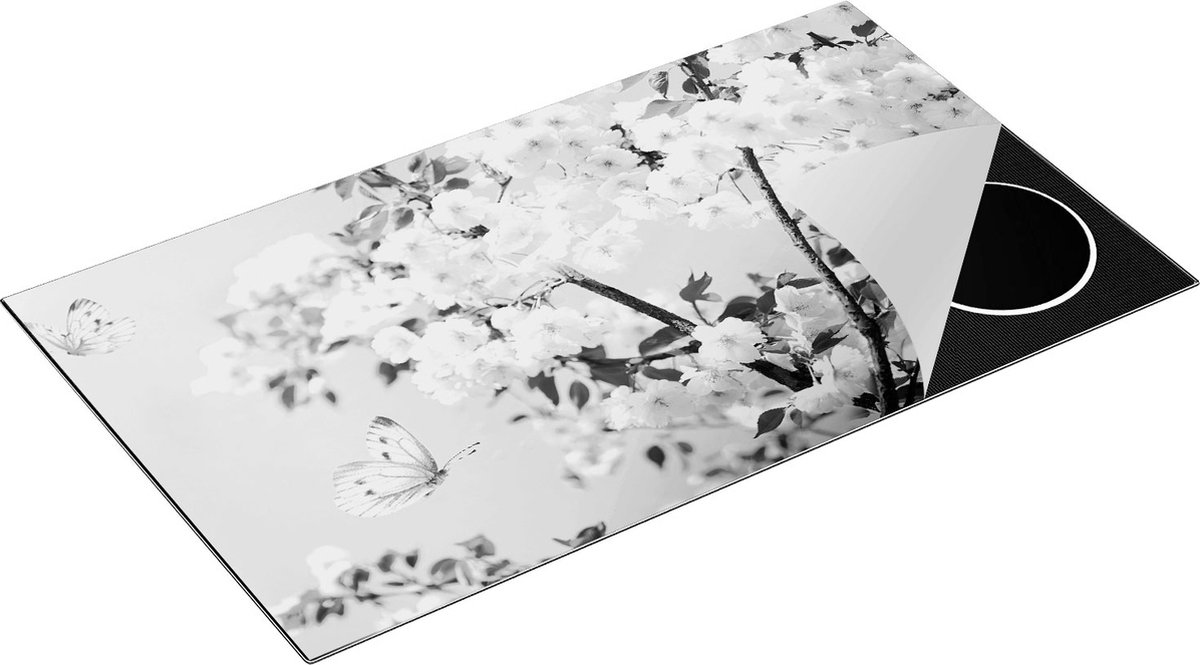 Chefcare Inductie Beschermer Twee Roze Vlinders bij Roze Bloesem Bloemen - Zwart Wit - 90x52 cm - Afdekplaat Inductie - Kookplaat Beschermer - Inductie Mat