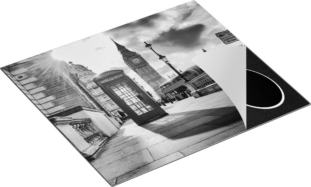 Chefcare Inductie Beschermer Rode Telefooncel in Londen bij de Big Ben - Zwart Wit - 57,6x51,6 cm - Afdekplaat Inductie - Kookplaat Beschermer - Inductie Mat