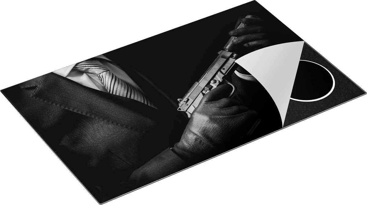 Chefcare Inductie Beschermer Maffia Man met een Pistool in Handen - Zwart Wit - 85x55 cm - Afdekplaat Inductie - Kookplaat Beschermer - Inductie Mat