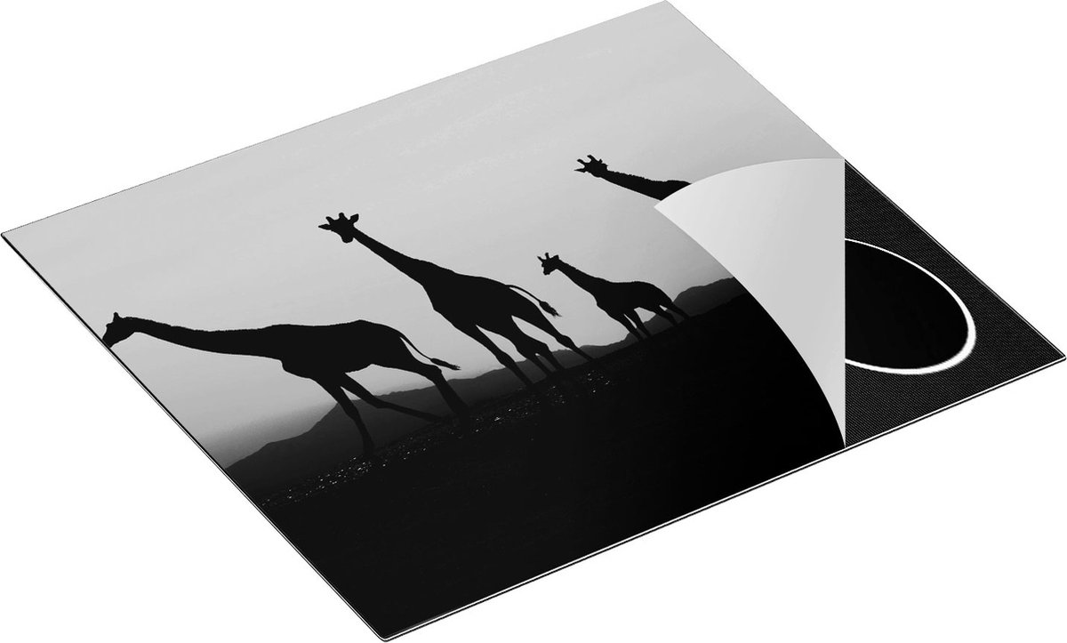 Chefcare Inductie Beschermer Vier Giraffe Silhouetten bij Zonsondergang - Zwart Wit - 60x52 cm - Afdekplaat Inductie - Kookplaat Beschermer - Inductie Mat