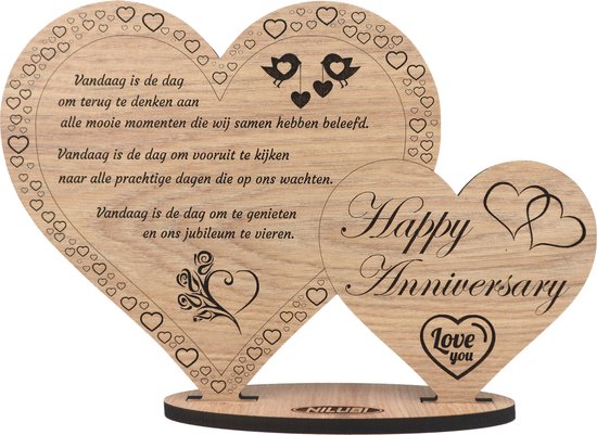 Hartjes jubileum - houten wenskaart - kaart van hout - … jaar getrouwd - Happy Anniversary - 17.5 x 25 cm