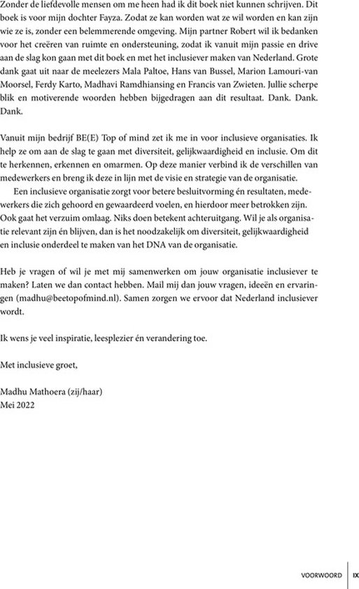 Tekstpagina met dankbetuigingen en nadere informatie over inclusieve organisaties door Madhu Mathoera.