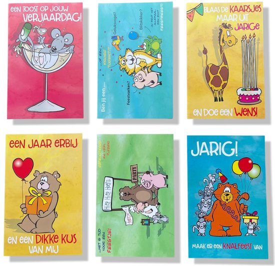 6 Cards & Crafts Verjaardag Humor Wenskaarten | 12x17cm gevouwen felicitatie kaarten Inclusief enveloppen