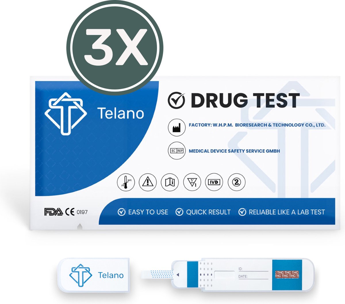 Goedkoopste Telano Drugstest Dipcard Cannabis THC (Wiet Marihuana) Drugtesten Urine - 3 stuks