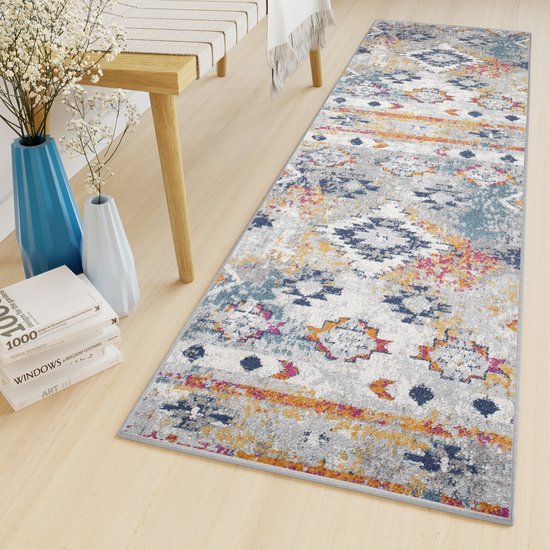 Tapiso Lazur Tapis Coureur Grijs Boho Salon Couloir Tapis Taille - 80x200