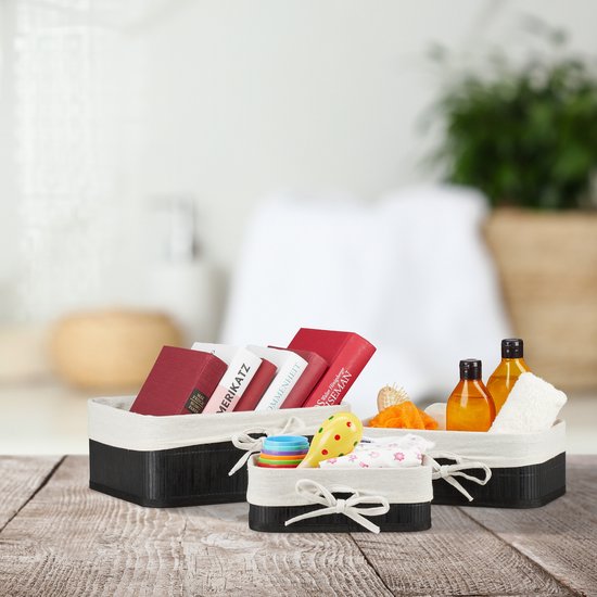 Relaxdays opbergmanden, set van 3, met stof, bamboe, rechthoekig, voor speelgoed, accessoires, badkamer, bruin Relaxdays opbergmanden, set van 3, met stof, bamboe, rechthoekig, voor speelgoed, accessoires, badkamer, bruin