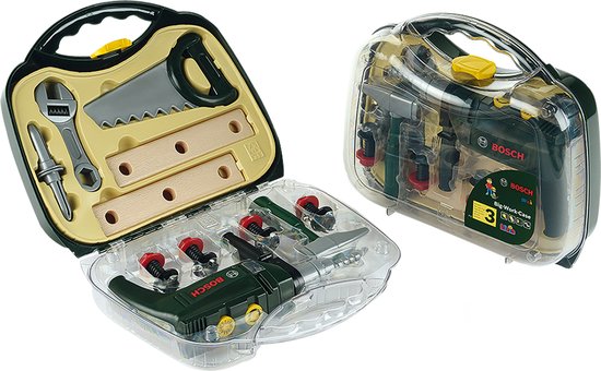 Klein Toys Bosch 16-delige gereedschapskoffer - boormachine, hamer, zaag, steeksleutel en gereedschap accessoires - incl. licht- en geluidseffecten - groen - Klein