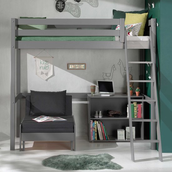 Hoogslaper Claire 90x200cm met boekenkast en zetelbed - grijs