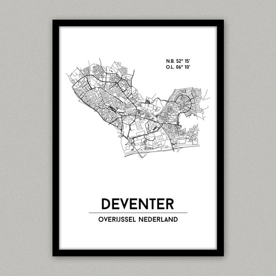 Deventer city poster, A3 (30x40) met lijst, plattegrond poster, woonplaatsposter, woonposter