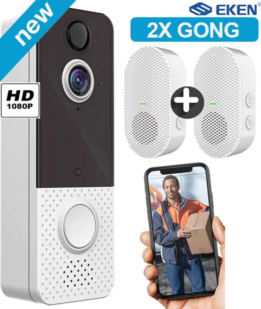 EKEN T8 - deurbel met camera – 2x Gong – Draadloze deurbel met camera – inclusief gong + 2 oplaadbare batterijen – Video deurbel