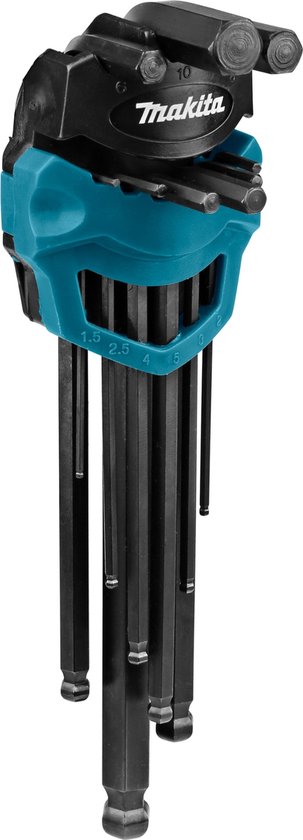 Set van 9 inbussleutels in een turquoise houder met Makita-logo. De maten 1,5 tot 10 staan op de houder.