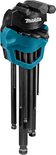 Set van 9 inbussleutels in een turquoise houder met Makita-logo. De maten 1,5 tot 10 staan op de houder.