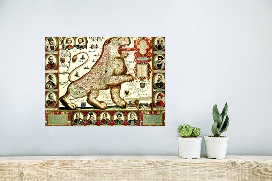 Carte historique en forme de lion, nommée 'Leo Belgicus', avec des portraits sur les côtés.