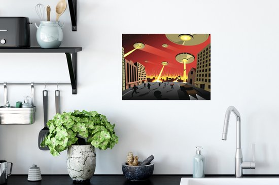 Poster 40x30 cm - Een illustratie van UFO's die een stad aanvallen - Jongens - Meisjes - Kinderen - Kind - Posters - Kamer decoratie - Wanddecoratie woonkamer - Muurdecoratie slaapkamer