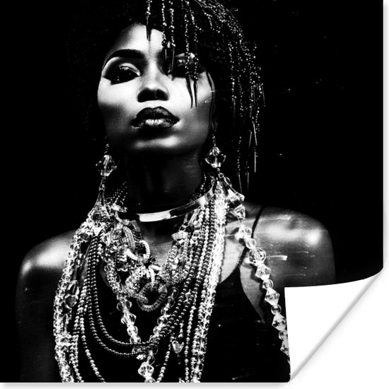 Affiche Femme - Bijoux - Collier - noir et blanc - 50x50 cm