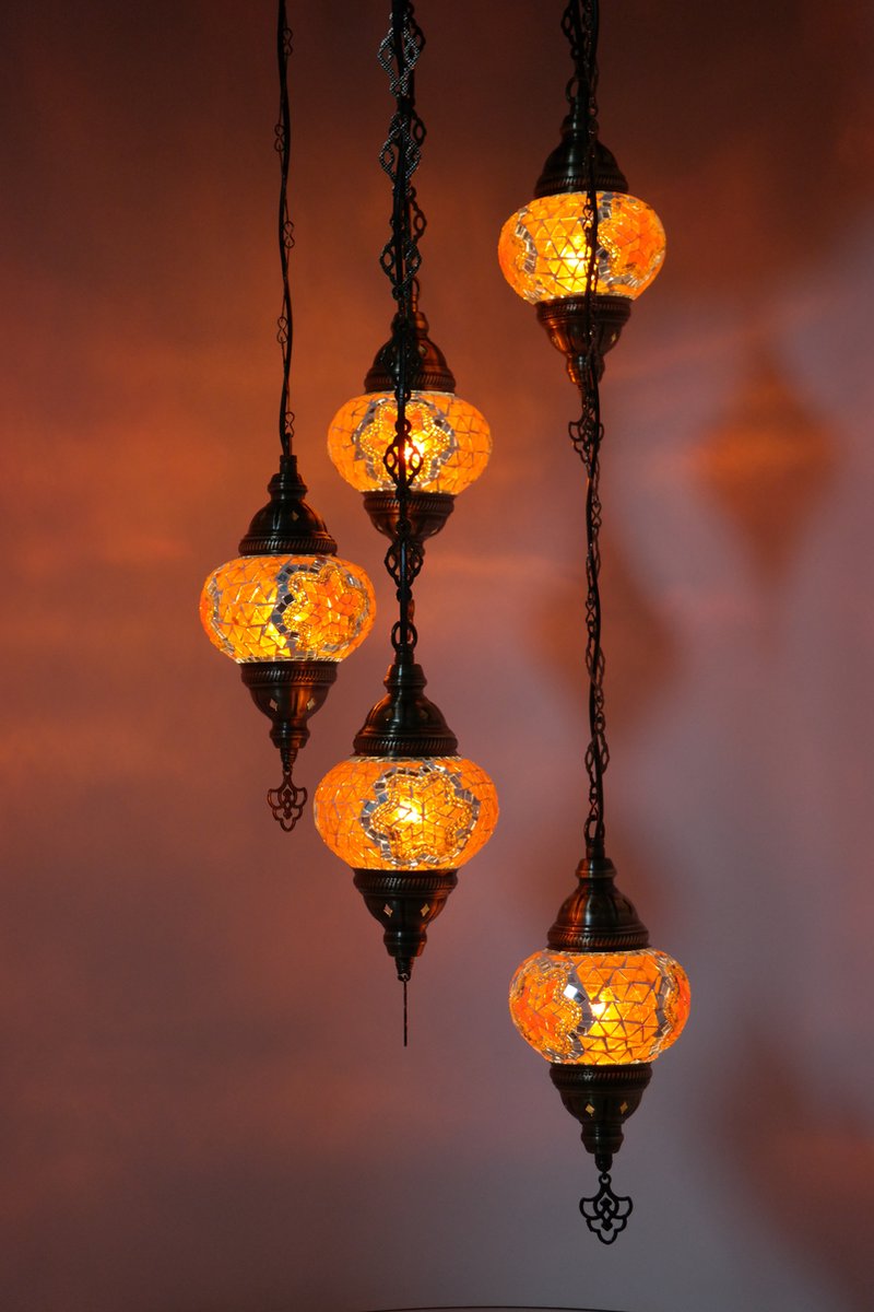 Turkse lamp - Oosterse lamp - Hanglamp - Oranje - 5 bollen - mozaïek