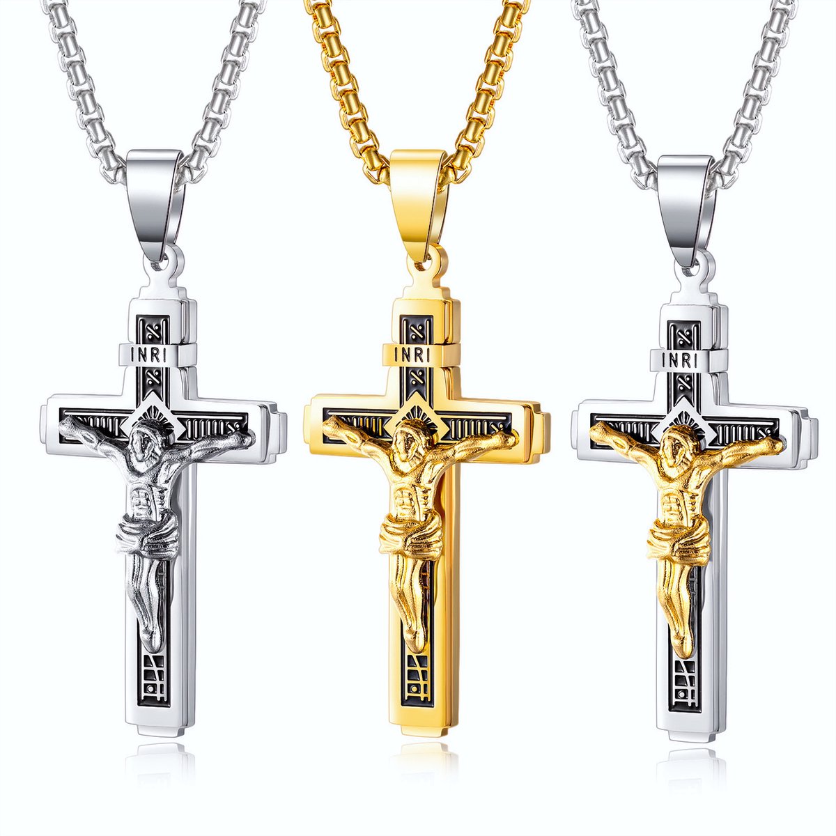 ICYBOY 18K Religieus Heren Ketting met Jezus Kruis Pendant Verguld Goud [GOLD-PLATED] [ICED OUT] [50CM] - European Vintage Christian Jewelry Religious Crucifix Cross Pendant Necklace Stainless Steel Jesus Cross Necklace