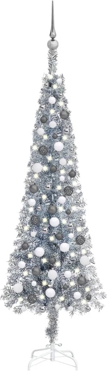 VidaLife Kerstboom met LED's en kerstballen smal 180 cm zilverkleurig