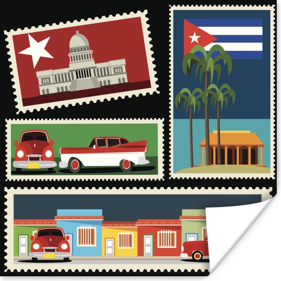 Vijftal Cubaanse postzegels in een illustatie poster 50x50 cm - Foto print op Poster (wanddecoratie woonkamer / slaapkamer)