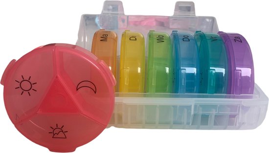 Medies - Pilulier 7 jours 3 compartiments - 7 Boîtes à pilules multicolores avec boîte de rangement transparente - Verrouillage fort - Langue néerlandaise