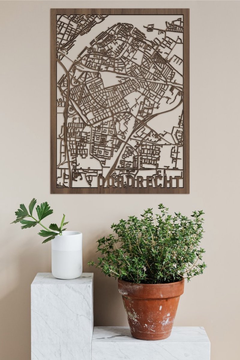 Houten Stadskaart Dordrecht Notenhout 100x75cm Wanddecoratie Voor Aan De Muur City Shapes
