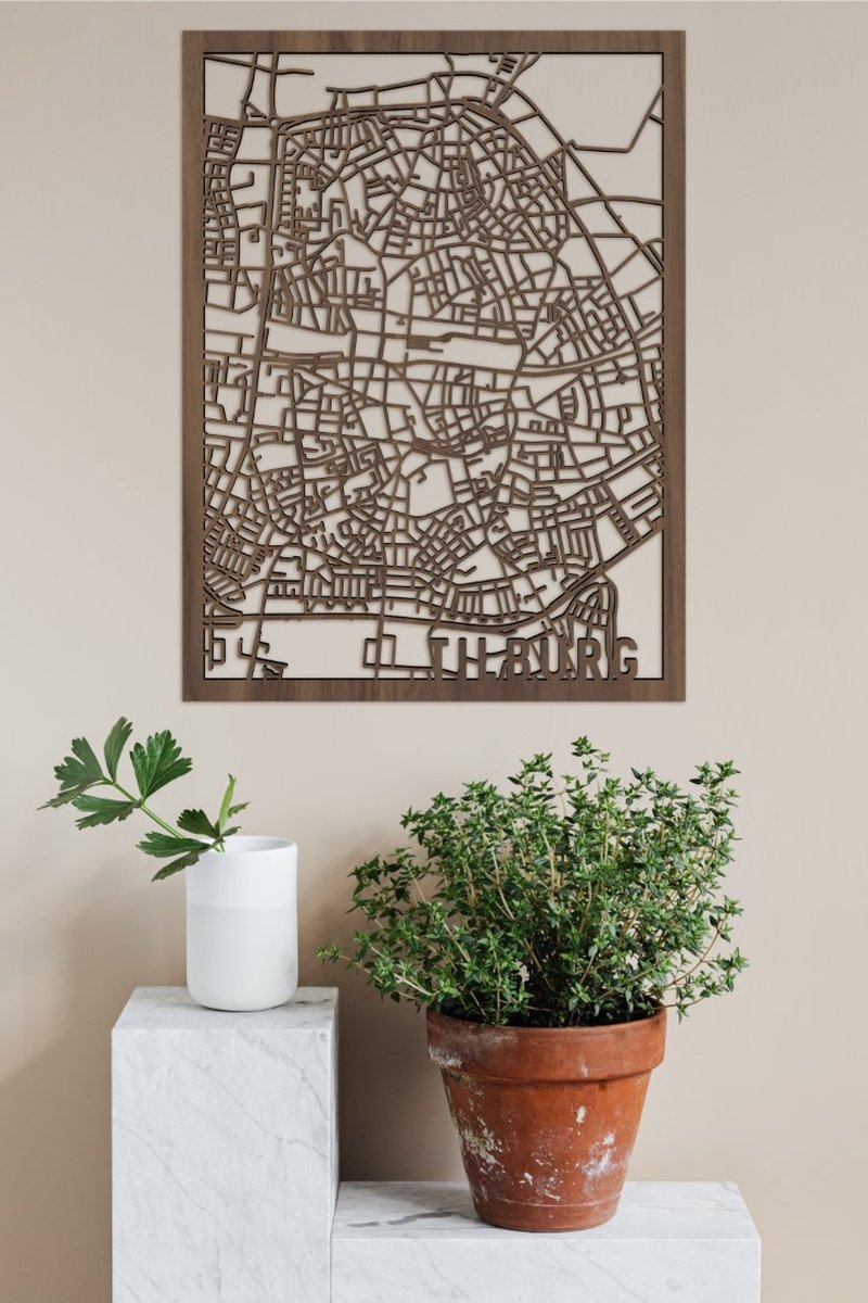 Houten Stadskaart Tilburg Notenhout 50x70cm Wanddecoratie Voor Aan De Muur City Shapes