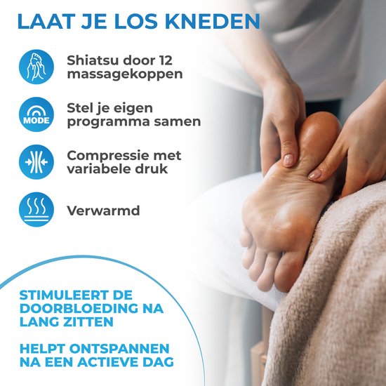 Afbeelding toont de voordelen van een El Suvon voetmassageapparaat, zoals Shiatsu massage en compressie.