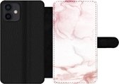 Bookcase Geschikt voor iPhone 12 telefoonhoesje - Marmer print - Roze - Rood - Met vakjes - Wallet case met magneetsluiting