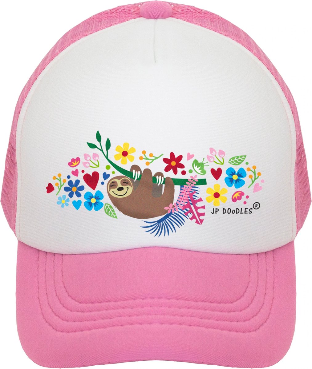 JP DOoDLES® Sloth - Trucker Pet voor Kinderen - Cap met Gaas - 4 tot 8 Jaar - Klittenbandsluiting - 54 cm - Roze