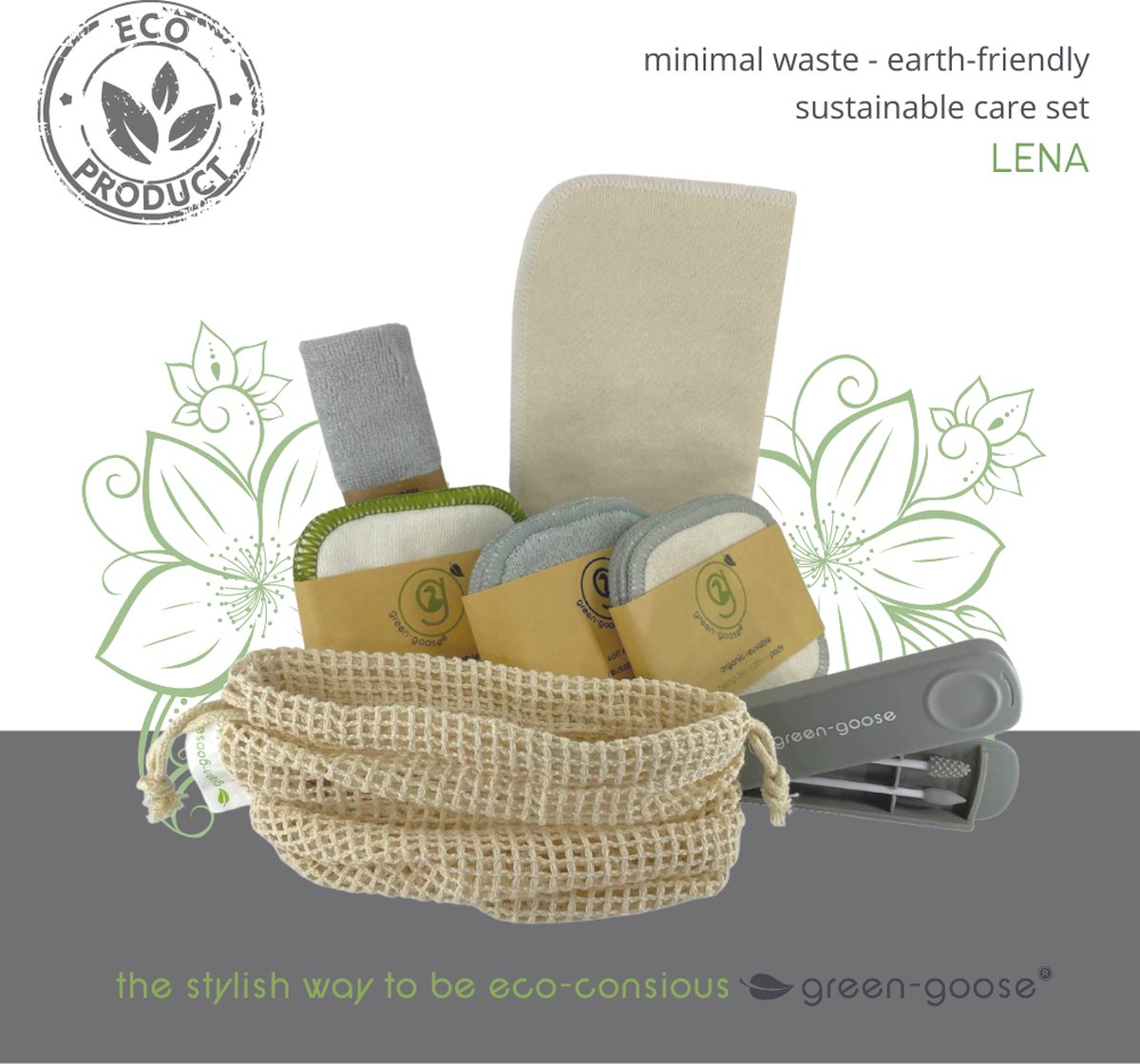 green-goose® Duurzaam Verzorgingspakket Lena | 7-delig | 15 Herbruikbare Wattenschijfjes | 3 Hennepvezel Gezichtreinigingsdoekjes | Zachte Mega Pad | Herbruikbare Wattenstaafjes