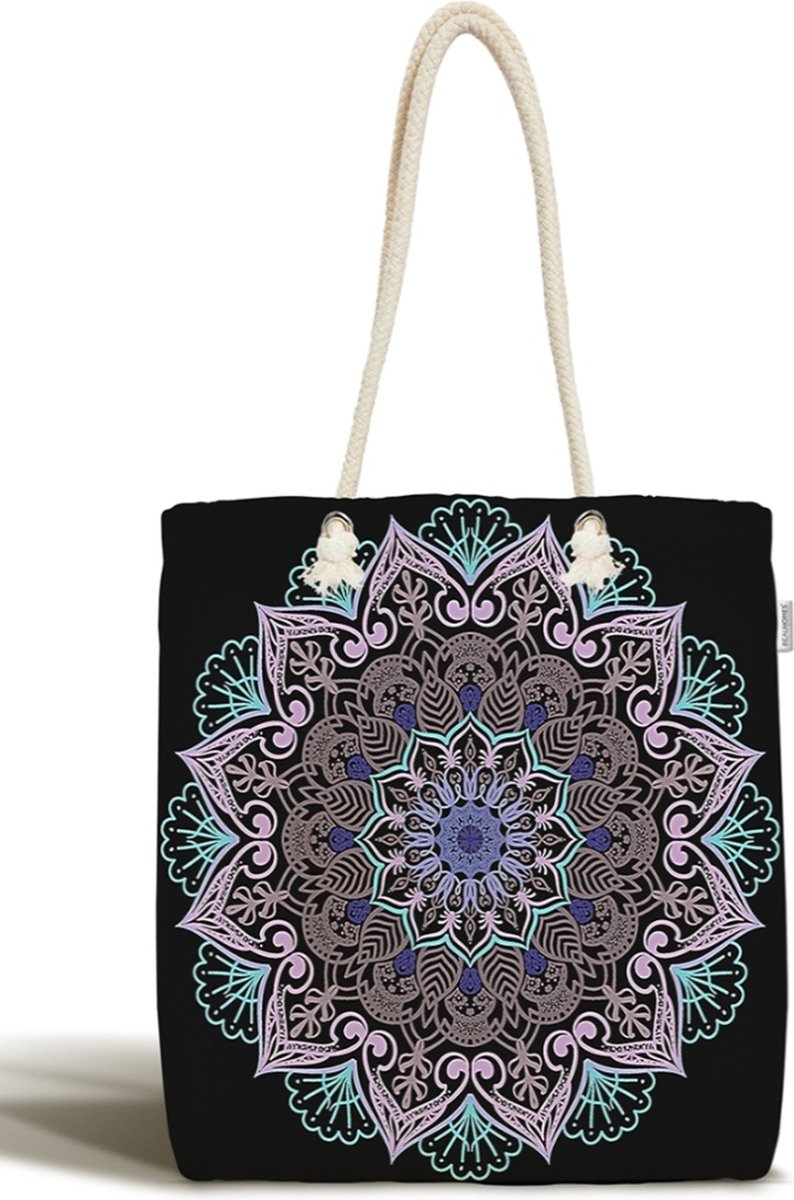 Schoudertas dames met rits - Kleurrijke mandala op zwart - Canvas 45x50 - Strandtas - Shopper tas - Dames tassen - Zomer - Hobby