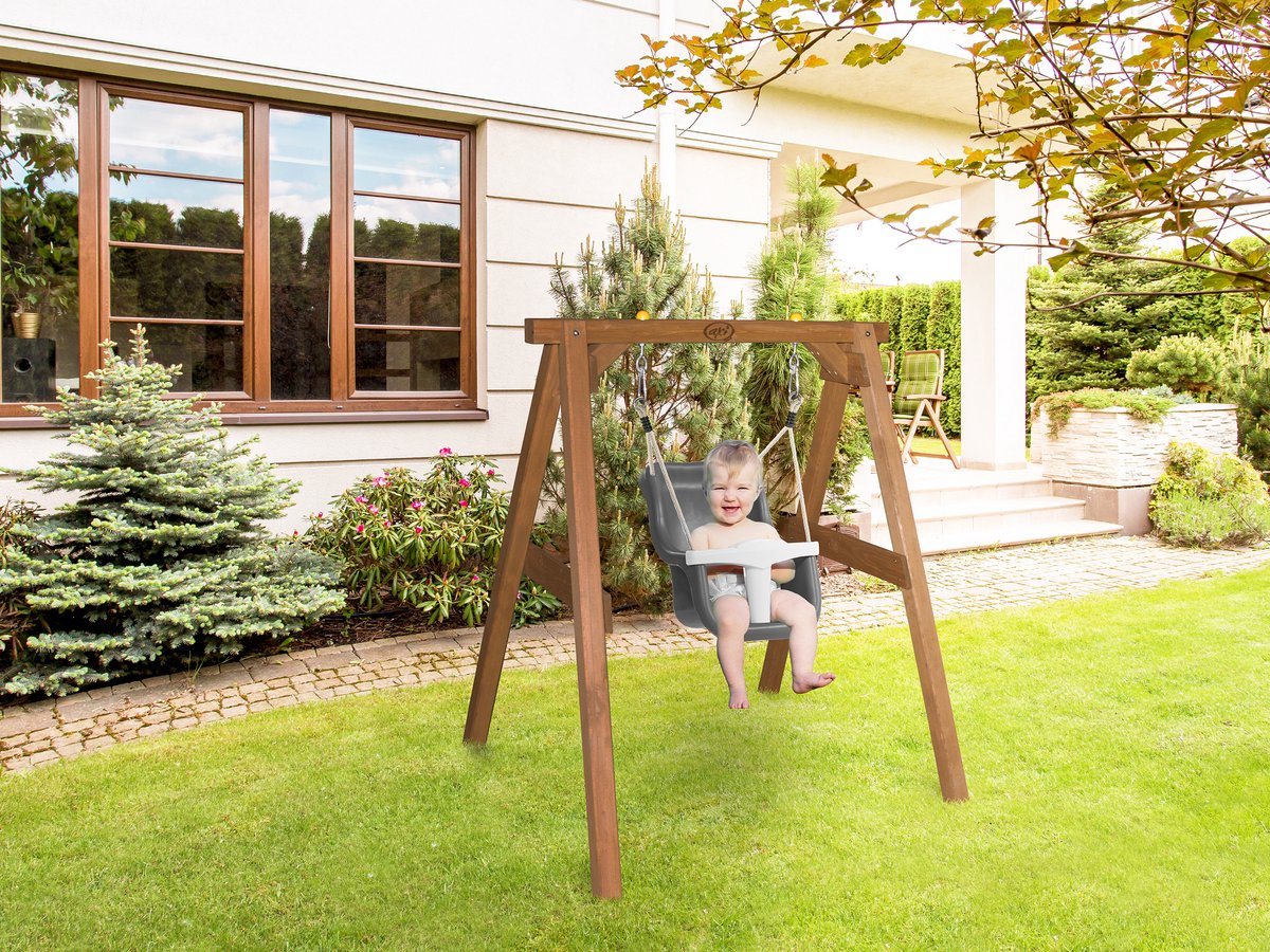 AXI Baby Schommel in Bruin met Zitje in Grijs/Wit - FSC hout - Babyschommel voor kindjes van 9-36 maanden - Met 4 grondankers — afbeelding 2