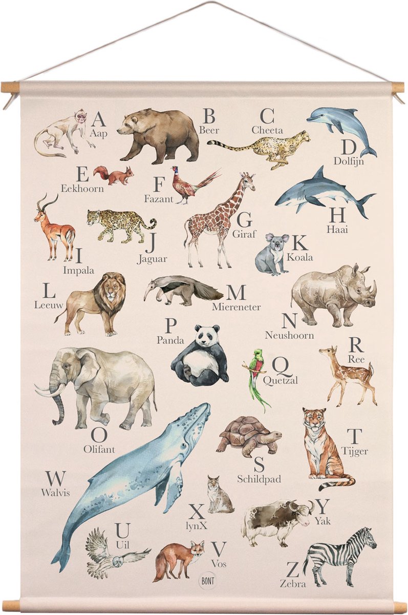 BONT | Textielposter Kinderkamer Beige Roze - Poster Alfabet - Dieren - Educatief - Schoolposter - Schoolplaat - Kinderkamer - Vermenigvuldigen - 45x60 cm