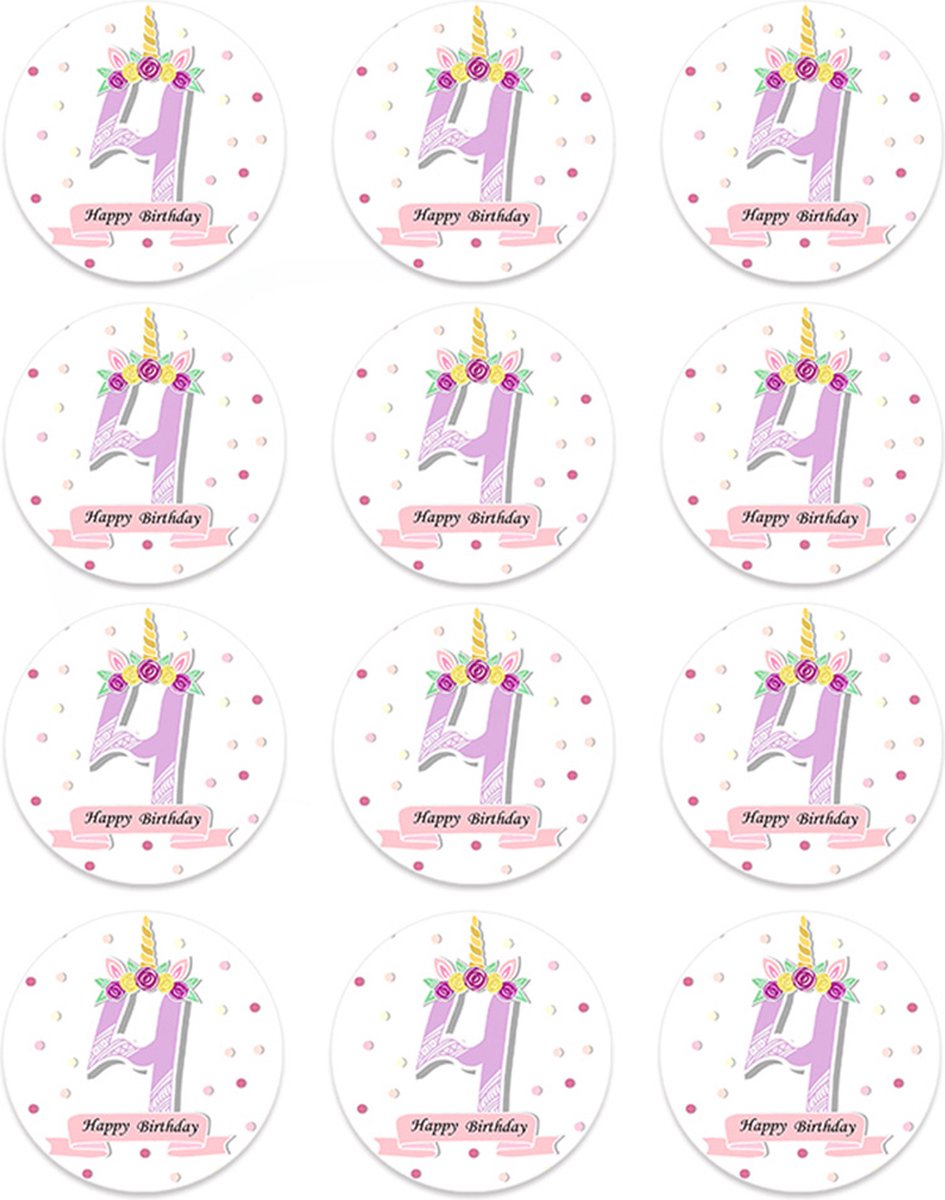 DW4Trading Sticker Happy Birthday Eenhoorn 4 Jaar - Ø 4,5 cm - 12 Stuks - Paars