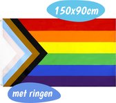 Pride Vlag - Progress Pride - 150x90 CM - Regenboog - LGBTQ+ - Met Ringen