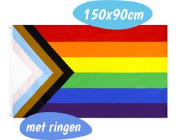 Pride Vlag - Progress Pride - 150x90 CM - Regenboog - LGBTQ+ - Met Ringen