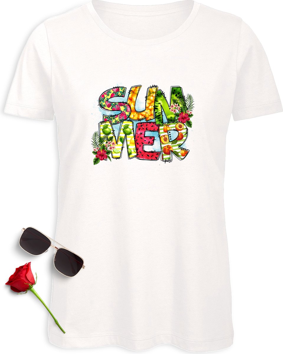 Zomer t shirt dames - Summer tshirt vrouwen - Vrolijk kleurrijk zomer t-shirt - Maten: S M L XL XXL - t-shirt kleuren: Wit, Zwart, Groen en Geel.