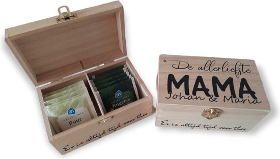houten theedoos persoonlijk met naam mama moederdag verjaardag compleet cadeau inclusief thee