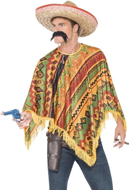 Smiffys Mexicaanse verkleed poncho - met snor - heren - Mexico outfit - verkleedkleding - kostuums