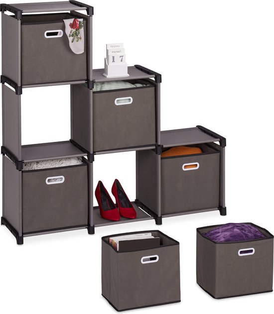 Armoire à compartiments Relaxdays avec paniers en tissu - armoire modulable à 6 compartiments - armoire cube grise