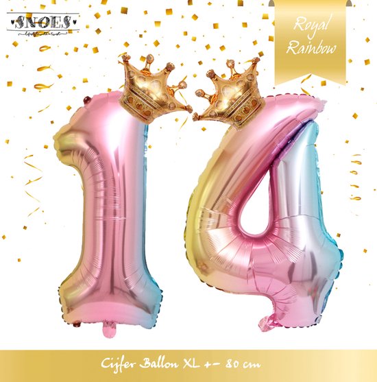 Cijfer Ballon nummer 14 - Prins - Prinses - Royal Rainbow - Ballon - Regenboog Unicorn Kleuren - Prinsessen Verjaardag - Hoera 14 Jaar