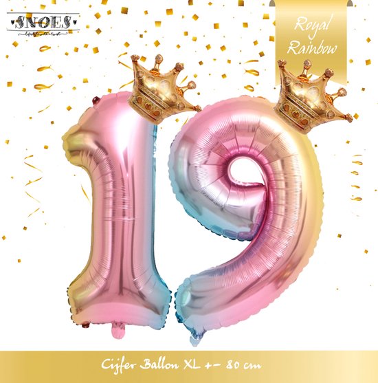 Cijfer Ballon nummer 19 - Prins - Prinses - Royal Rainbow - Ballon - Regenboog Unicorn Kleuren - Prinsessen Verjaardag - Hoera 19 Jaar