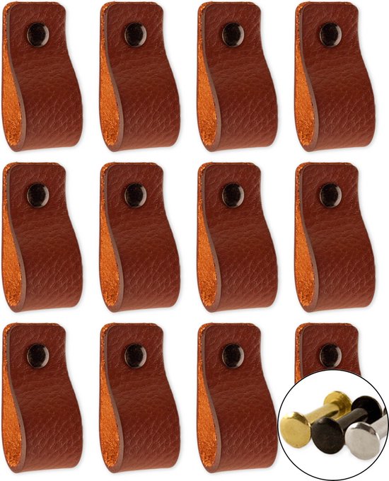 Leren handgrepen - Cognac - 24 stuks - 12,5 x 2,5 cm - incl. 3 kleuren schroeven - handgrepen kast leer - meubelgrepen - handvaten kast - leren lus