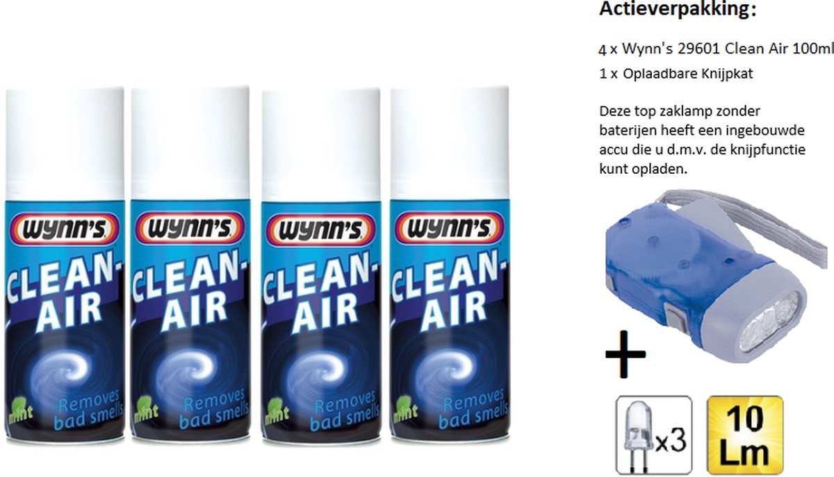 Wynn's 29601 - Clean Air - Airco reiniger - 100ml - 4 Stuks + Zaklamp/Knijpkat
