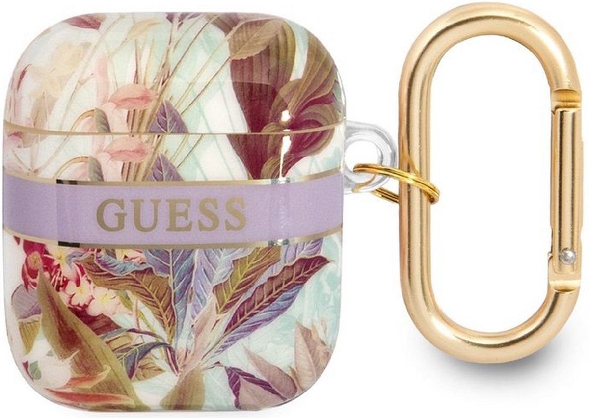 Guess TPU Flower Print Case voor Apple Airpods 1 & 2 - Paars